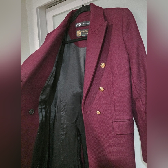 Zara Manteco Wool Elegant Burgundy Long Coat Double Beasted Gold Button - Picture 10 of 17